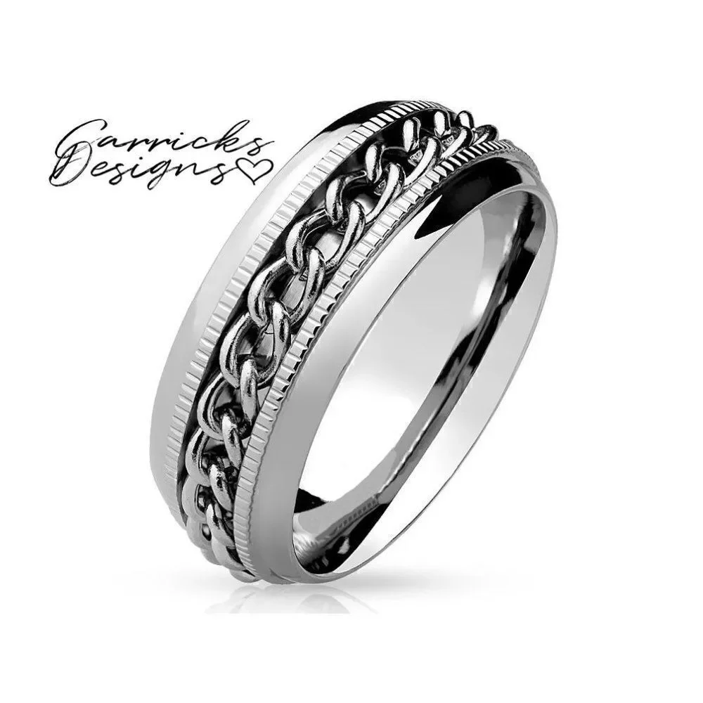 Men's Chain Spinner Wedding Ring Band - Anxiety Ring For Guys - Fidget Ring